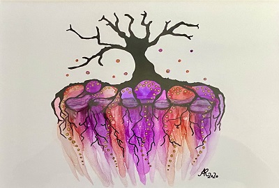 'Rooted / AI-14', alcohol ink on synthetic paper, framed 13” x 15.5” - $55.00