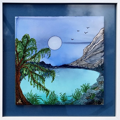 'Moonlight 3', alcohol ink on tile, framed 8” x 8” - $35.00
