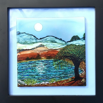 'Moonlight 4', alcohol ink on tile, framed 8” x 8” - $35.00