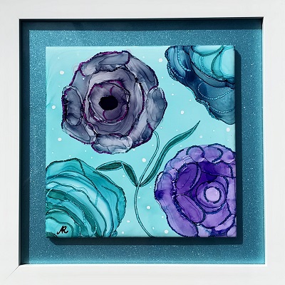 'Flower Delight 7', alcohol ink on tile, framed 8” x 8” - $35.00
