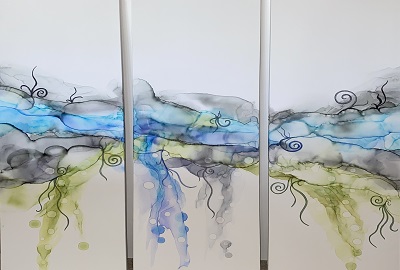 'Tenacity', triptych, alcohol ink on gallery wrapped canvas, total size 36” x 36” - $240.00